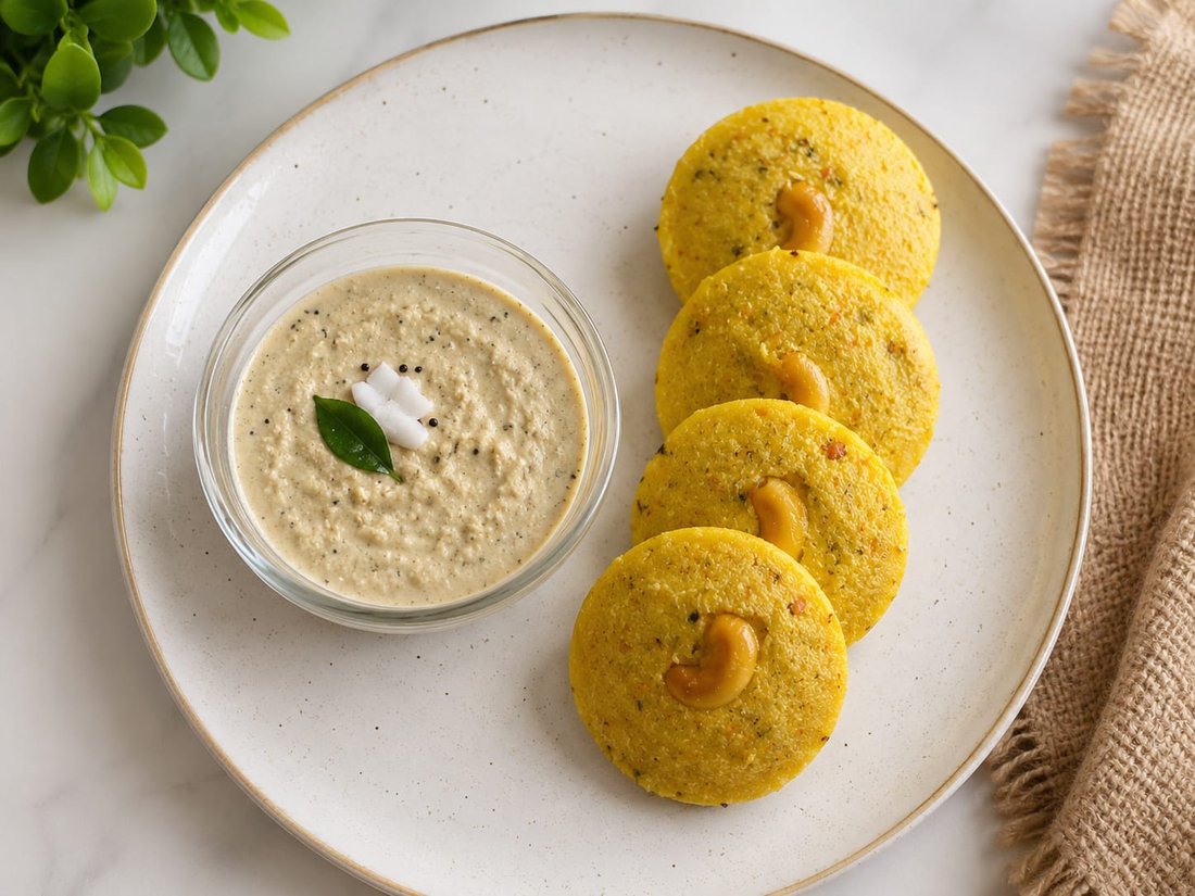 Moong dal idli with fresh coconut-mint chutney