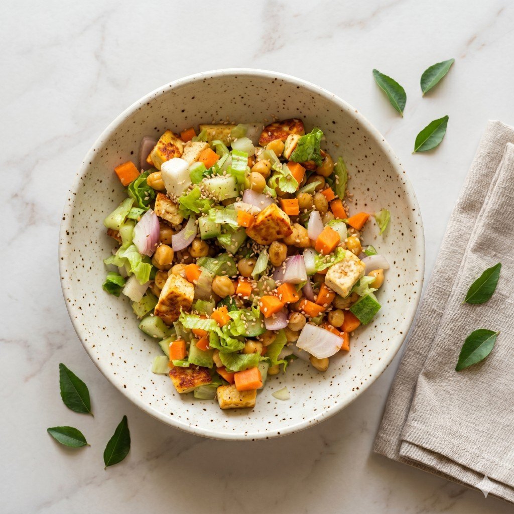 Paneer and chickpea chopped salad with lettuce, carrot and sesame