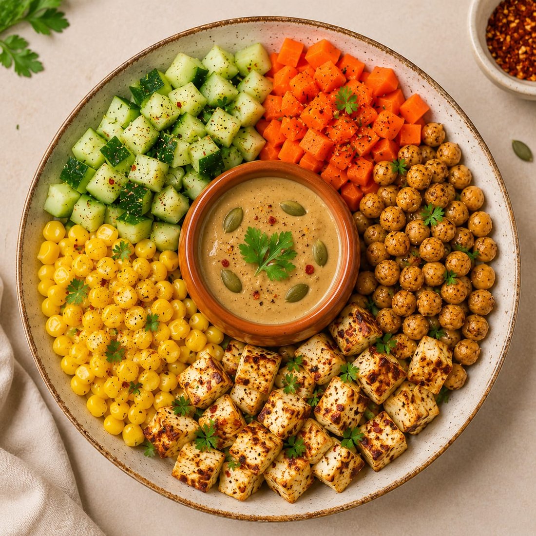 A colourful Subah Box protein bowl with paneer, chickpeas, corn and fresh veg
