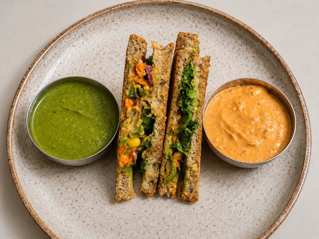 Grilled multigrain veg sandwich with green chutney and a creamy dip